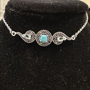 Blue Stone/Crystal Art Deco Bracelet w/Adjustable Chains on Round Slider OS NEW